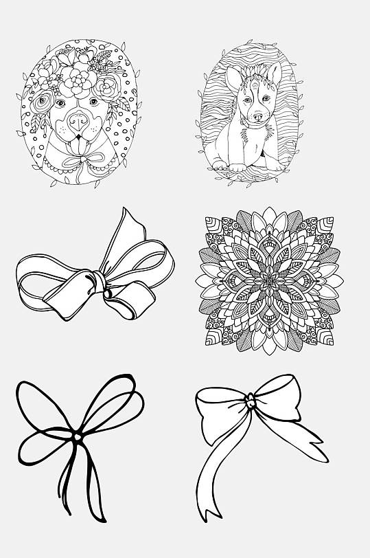 黑白花卉动物蝴蝶结纹样免抠素材
