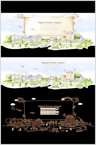 卡通城市建筑自然风光插画矢量素材