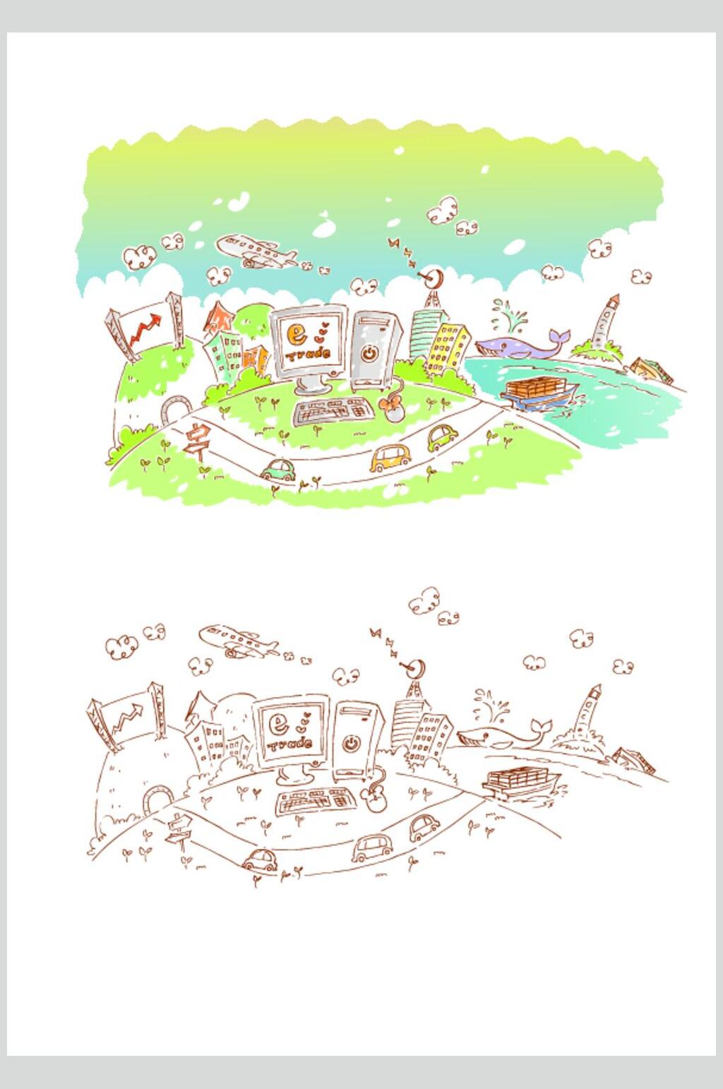 小清新手绘城市建筑自然风光插画矢量素材素材