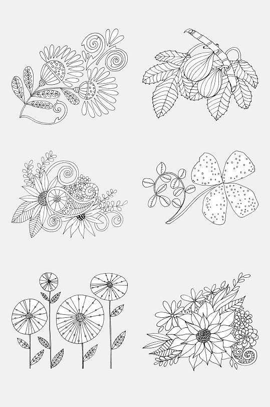 黑白花卉植物纹样免抠素材