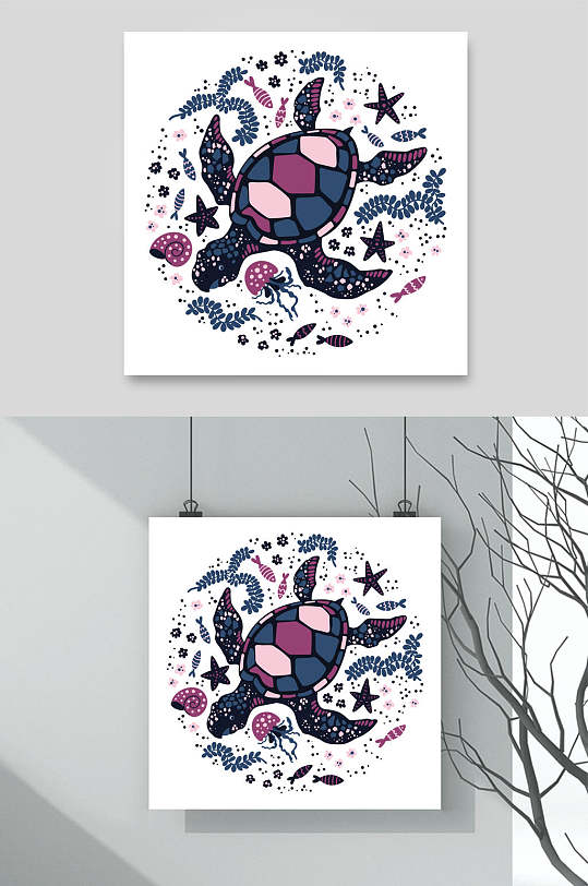 悬挂式卡通可爱海龟动物插画矢量素材