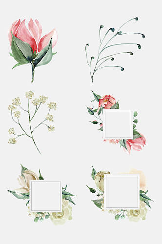 创意仙鹤玫瑰水彩手绘花卉植物免抠素材