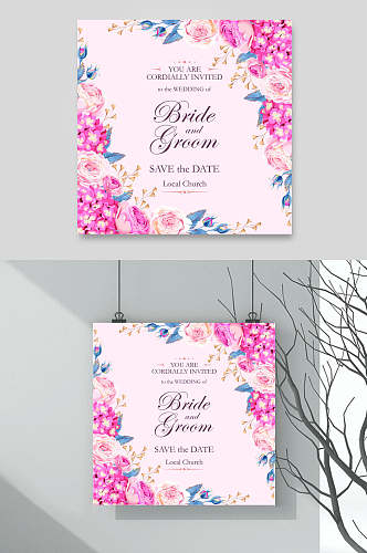 粉色淡雅唯美森系风水彩花卉婚礼卡片背景矢量设计素材