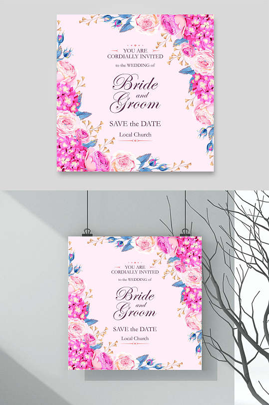 粉色淡雅唯美森系风水彩花卉婚礼卡片背景矢量设计素材