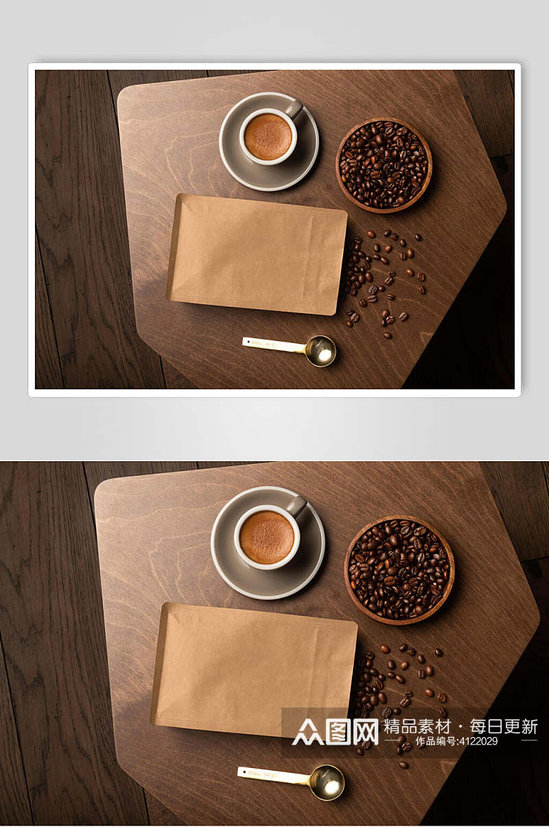 茶杯圆盘咖啡豆深棕色咖啡包装样机素材