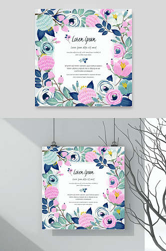 创意唯美森系风水彩花卉婚礼卡片背景矢量素材