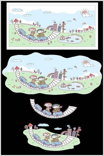 卡通可爱儿童城市建筑自然风光插画矢量素材
