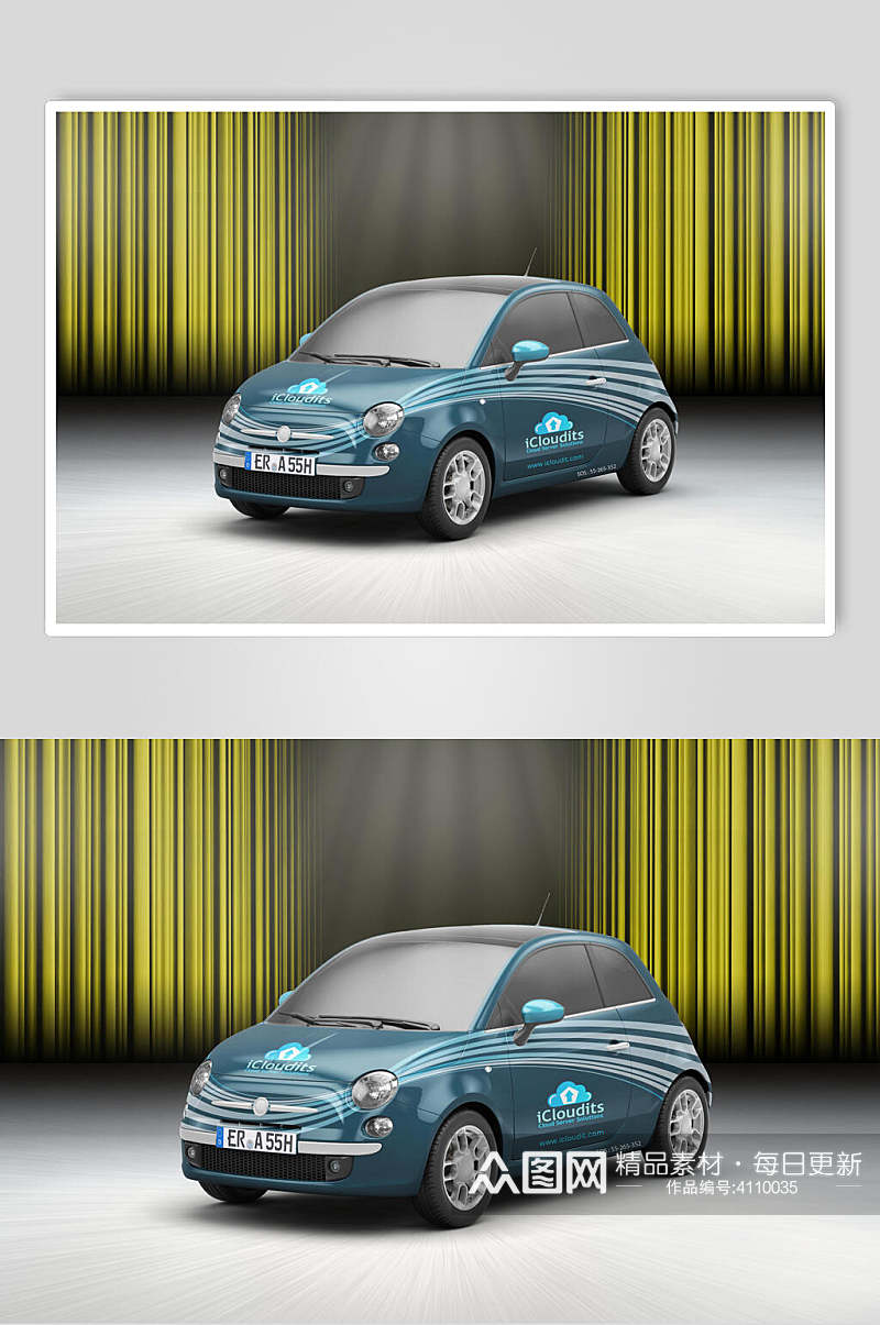 蓝色轿车外观设计展示场景样机素材