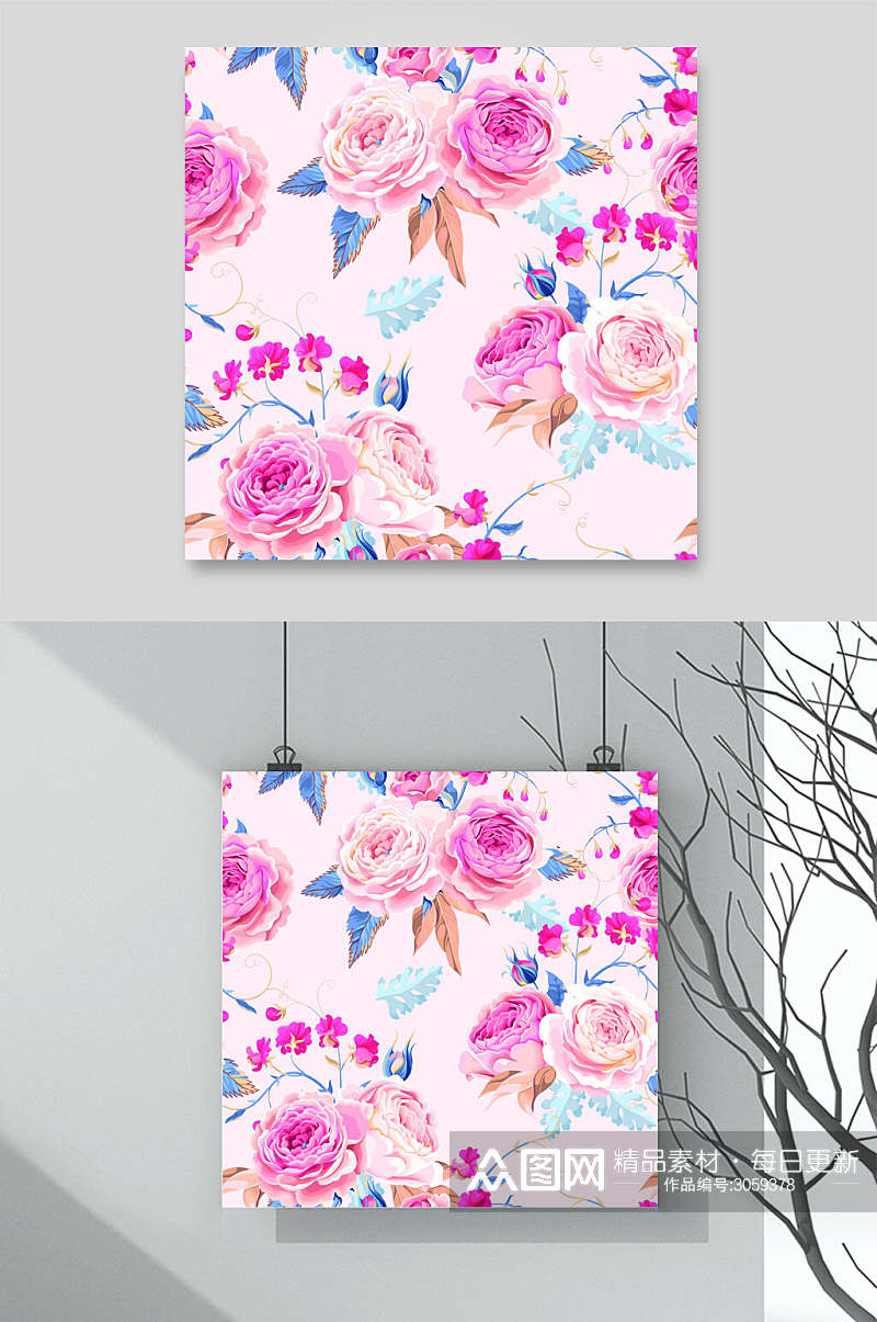 创意粉蓝色唯美森系风水彩花卉婚礼卡片背景矢量素材素材