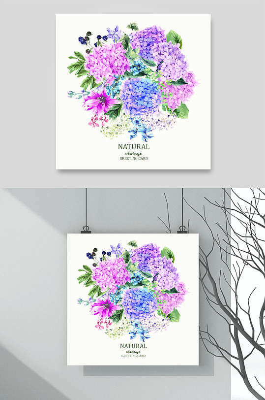 时尚唯美森系风水彩花卉婚礼卡片背景矢量素材