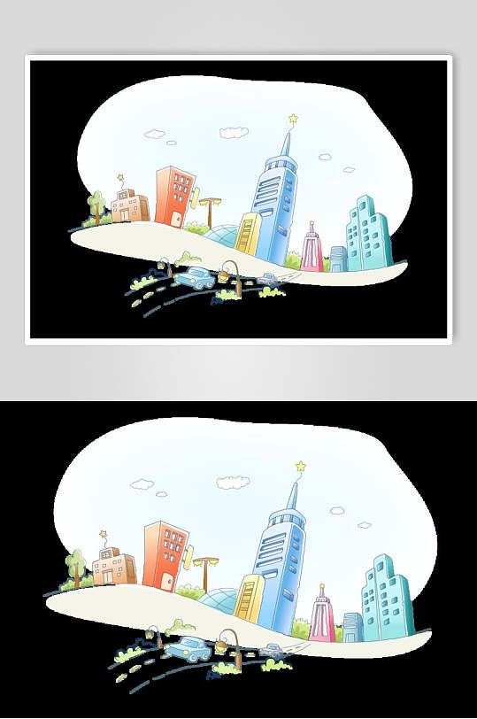 创意卡通城市建筑自然风光插画矢量素材