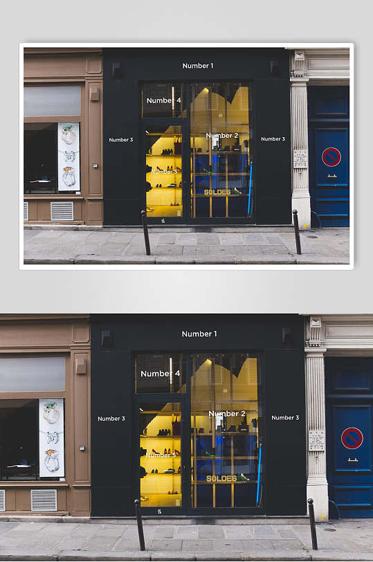 玻璃门框英文贴纸蓝黄色店铺招牌样机