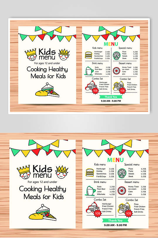 儿童餐厅美食英文菜单谱矢量素材美式欧式漫画卡通绘画小清新插画