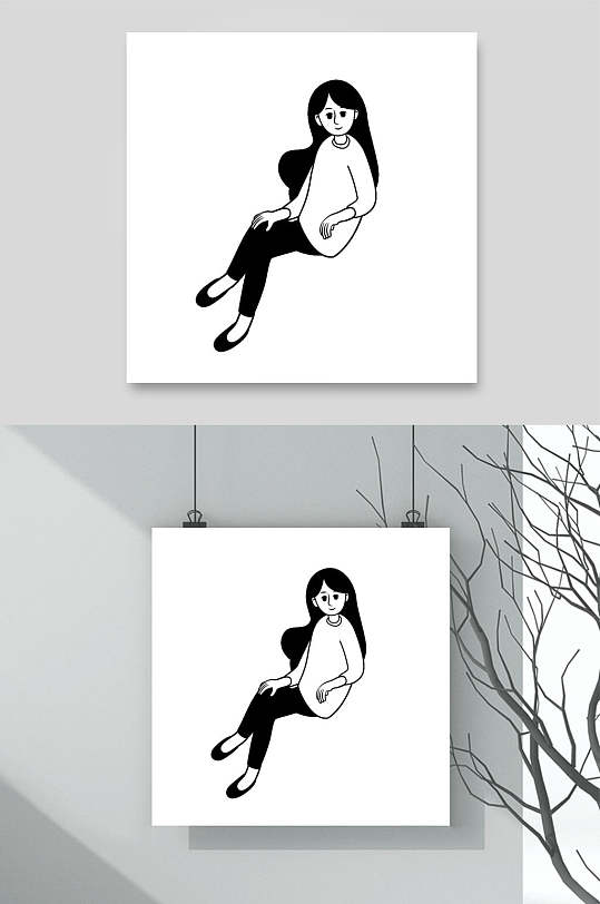 黑白大气创意简约人物动作插画素材