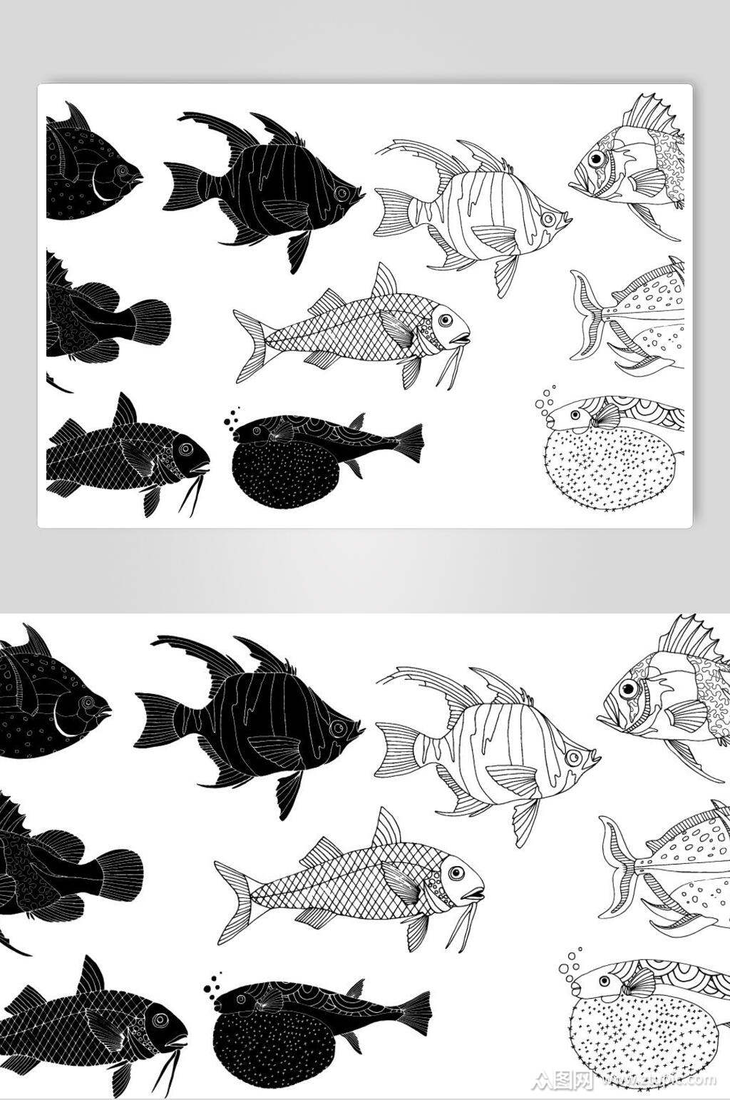 极简黑白鱼动植物矢量素材素材