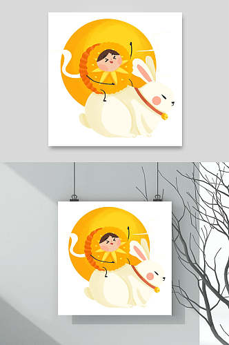 橙黄脸玉兔驮月中秋手绘元素