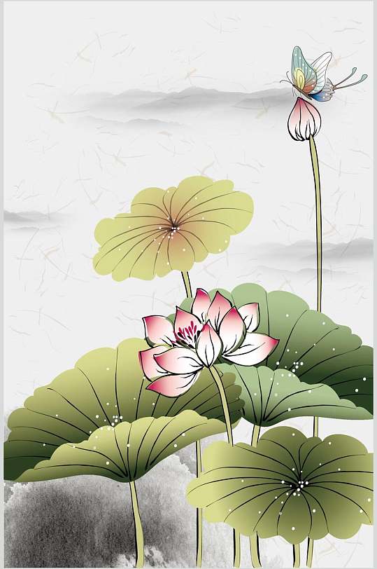 工笔画荷花蜻蜓矢量素材