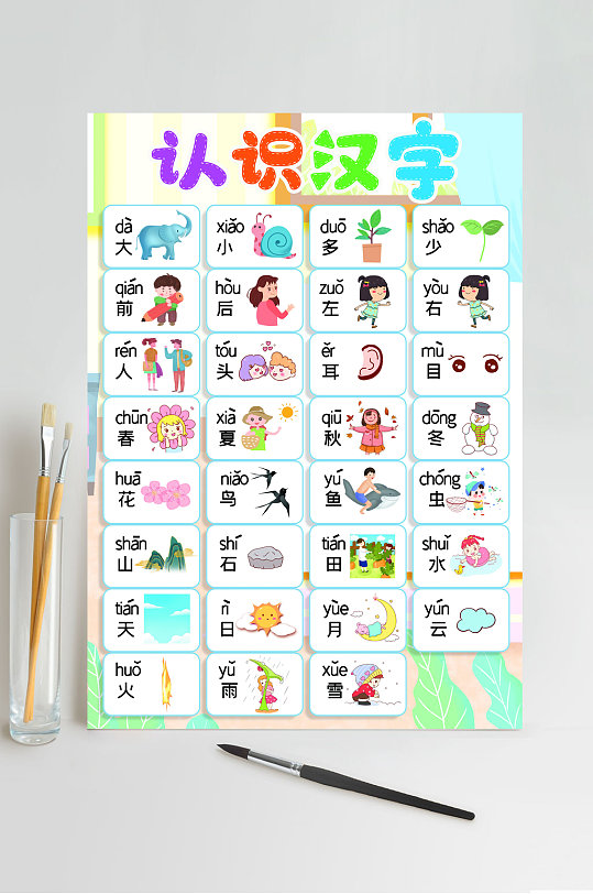 卡通儿童认识汉字挂图小报psd