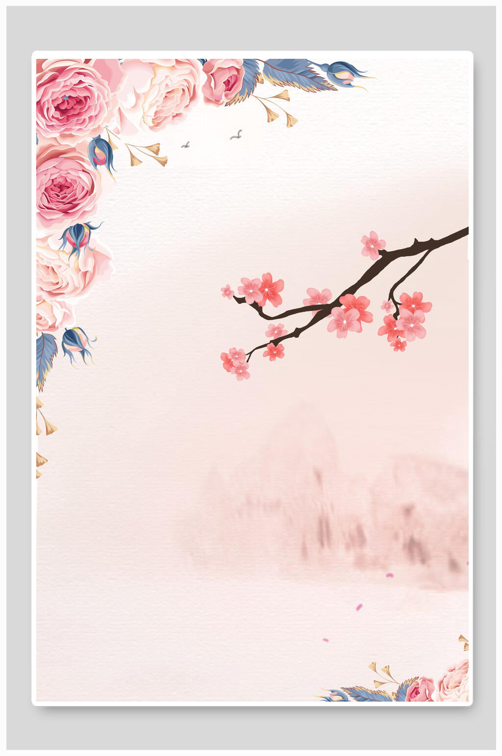 水墨唯美古风花鸟背景素材素材