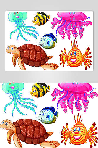 卡通蓝纹鱼水母乌龟矢量素材