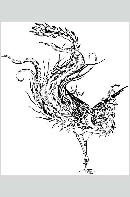 黑色白描风凤纹样矢量素材