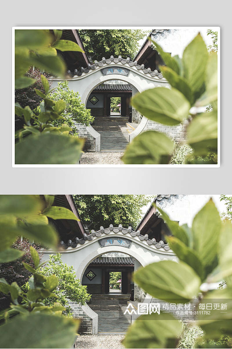 中国风过建筑庭院门拱背景图片素材