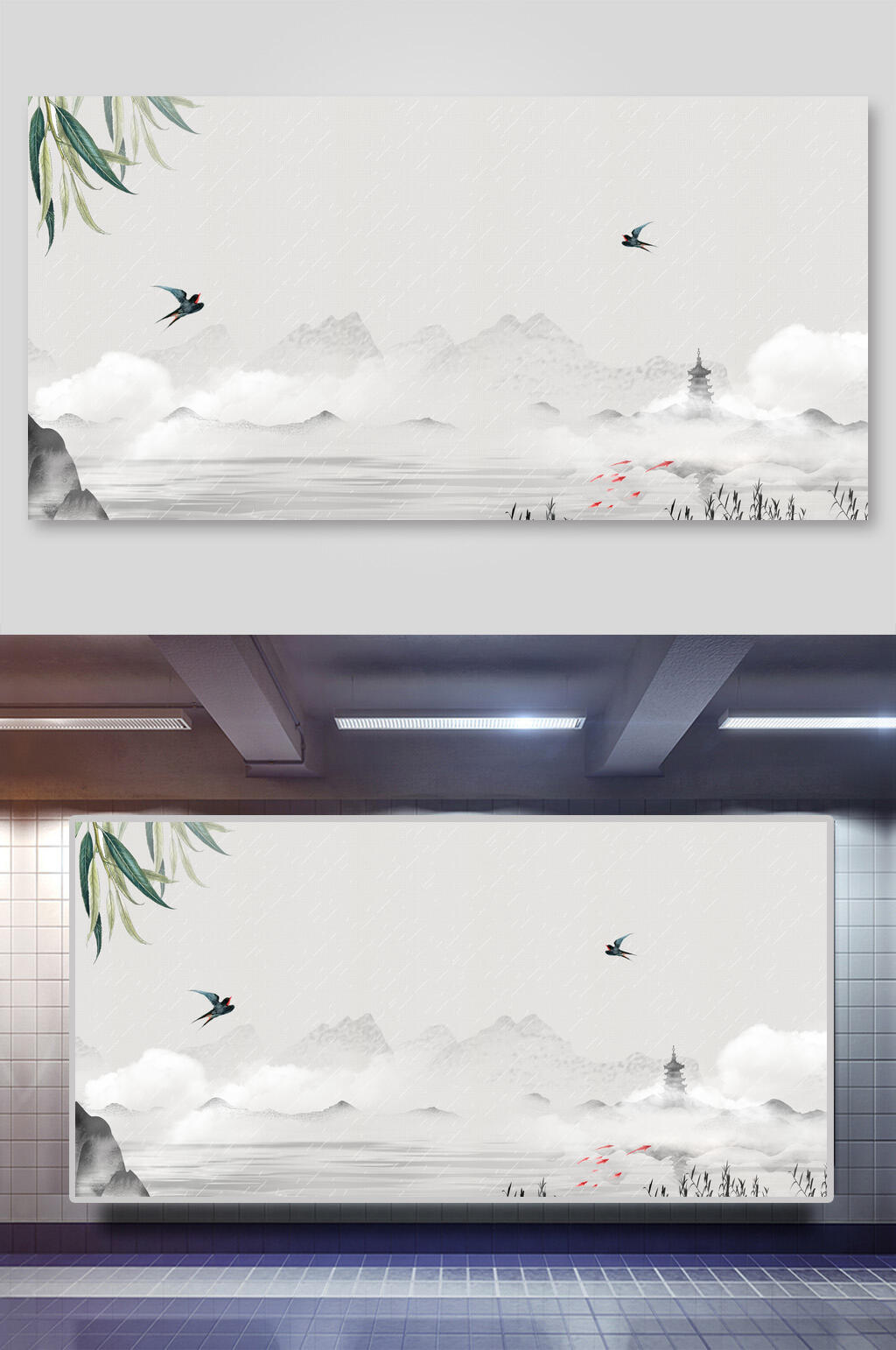 清新水墨唯美古风时尚花鸟背景素材素材