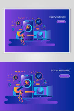 蓝紫手机对号网络科技人物场景插画矢量素材