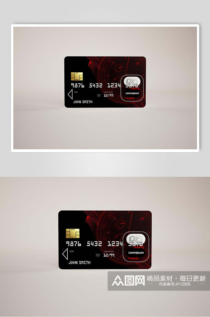 三角形芯片数字红黑色信用卡贴图样机素材