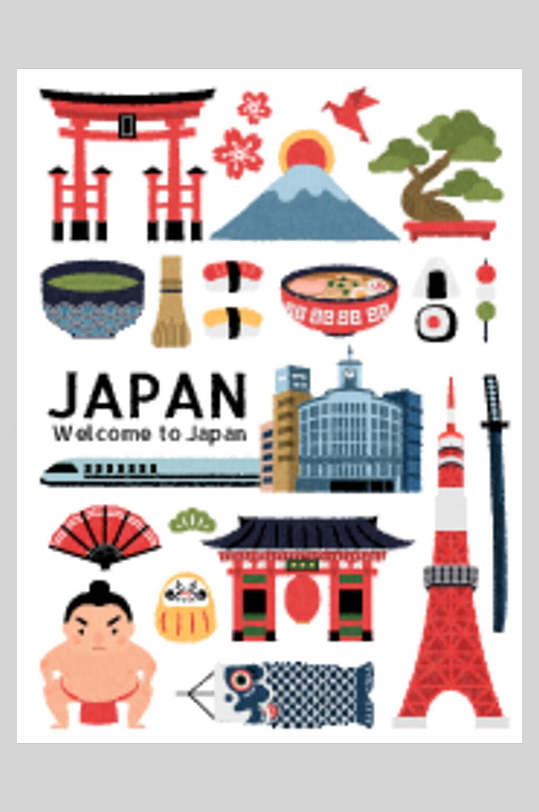 日本旅游日本文化旅游特色景点插画