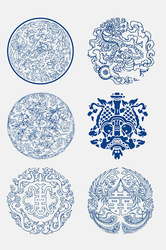 手绘蓝色传统青花瓷图案免抠设计元素