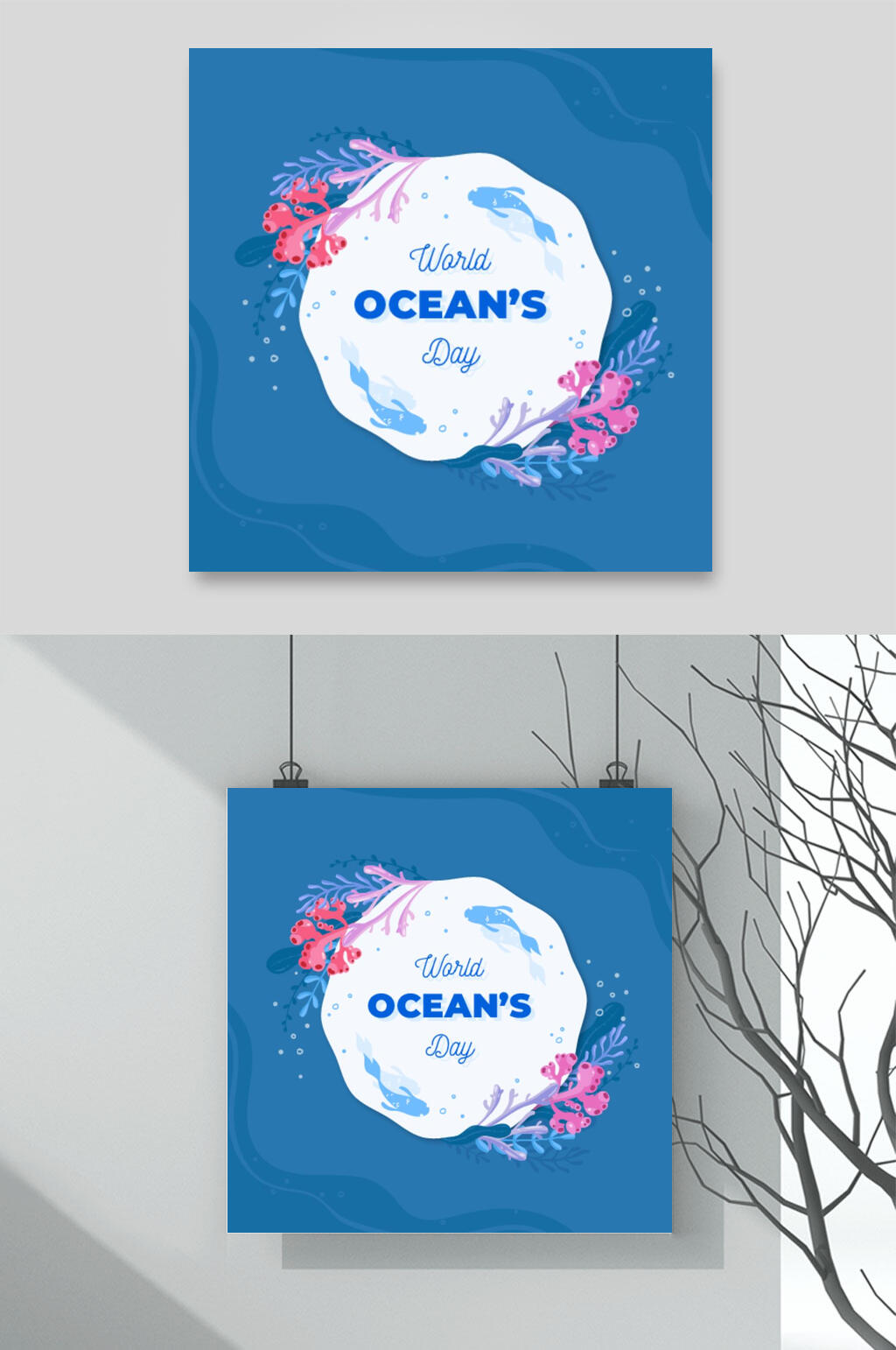 蓝色波浪海洋生物插画矢量素材素材