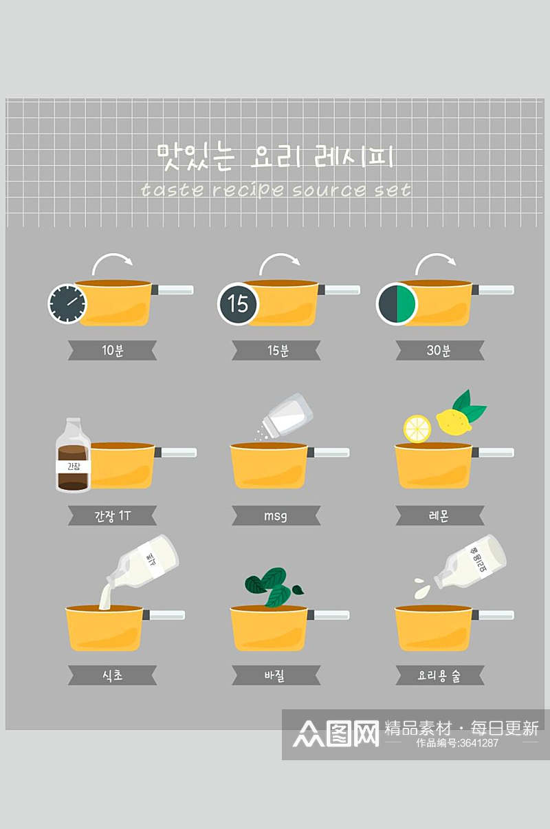 灰底韩文教程步骤美食餐具矢量素材素材