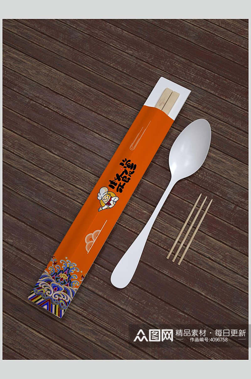 木板背景一次性筷子餐具样机四件套样机素材
