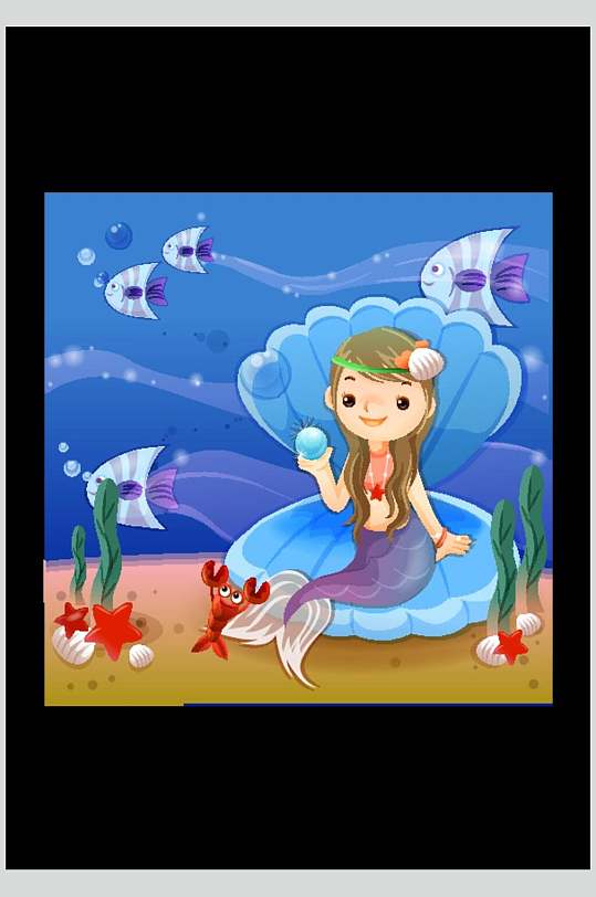 蓝色珍珠贝壳美人鱼矢量素材