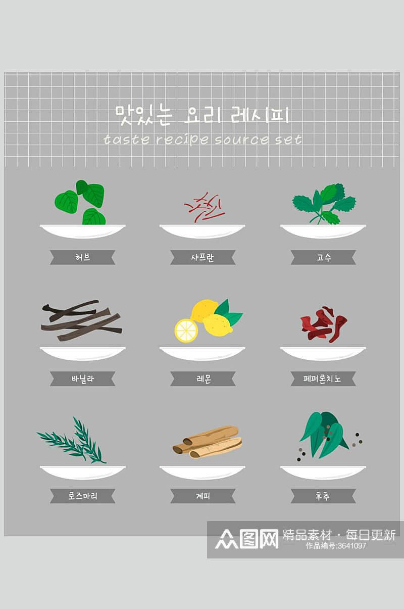 卡通柠檬佐料韩文美食餐具矢量素材素材