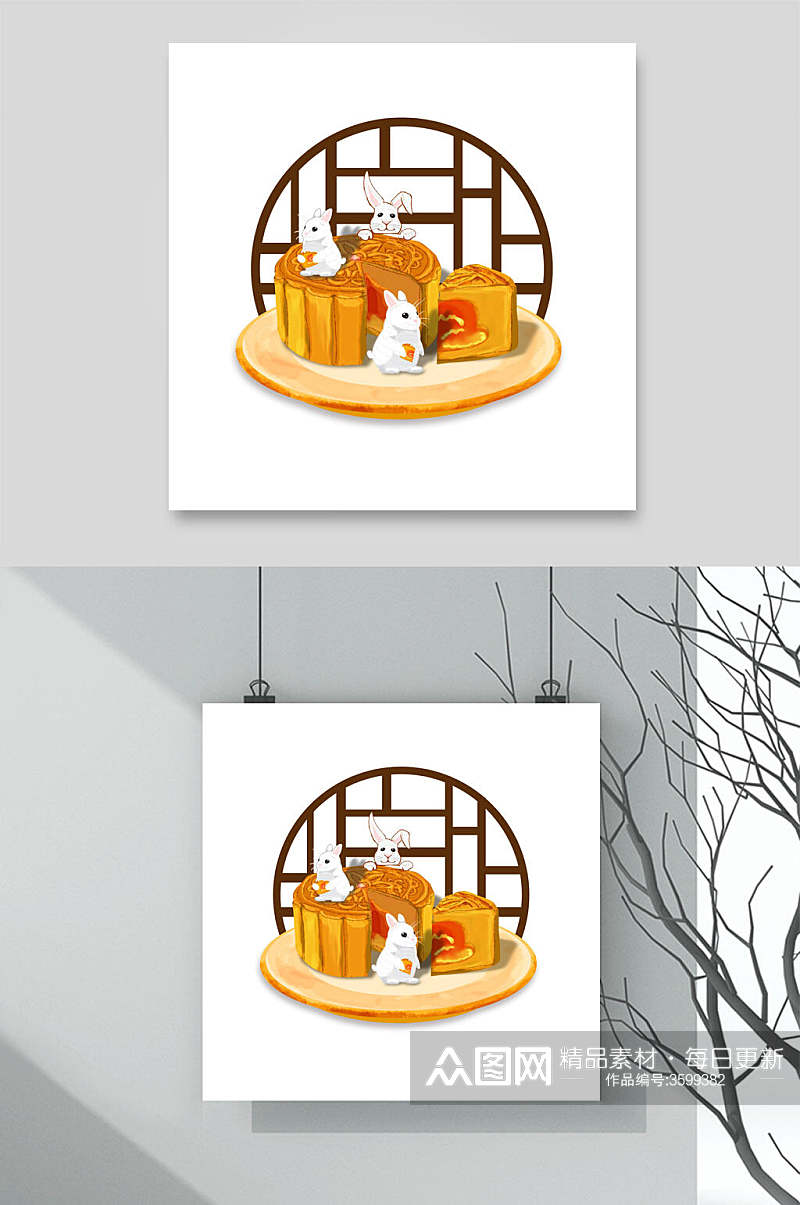 中国窗栏兔子月饼中秋手绘元素素材