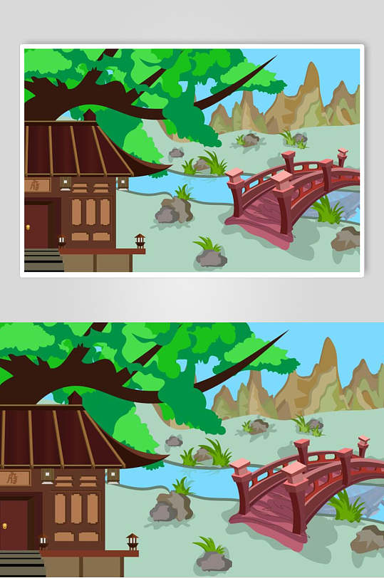 手绘扁平绿色清新古风建筑矢量素材