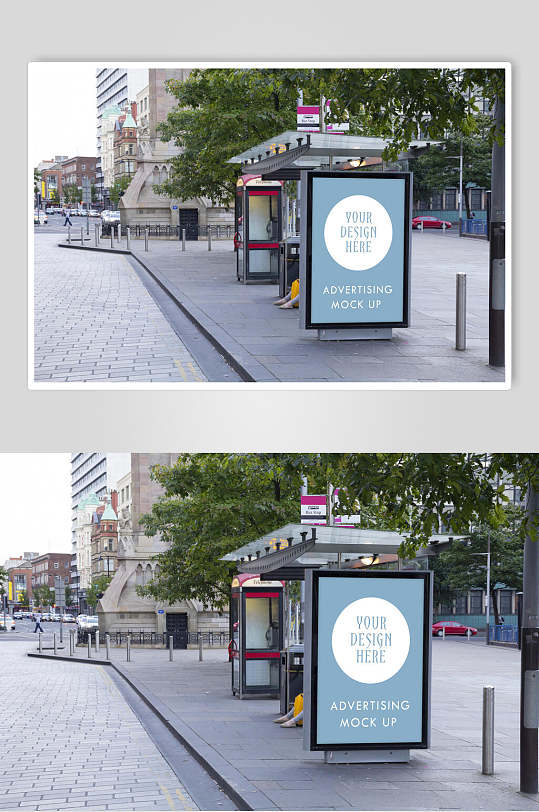 公交车站时尚蓝色户外海报样机