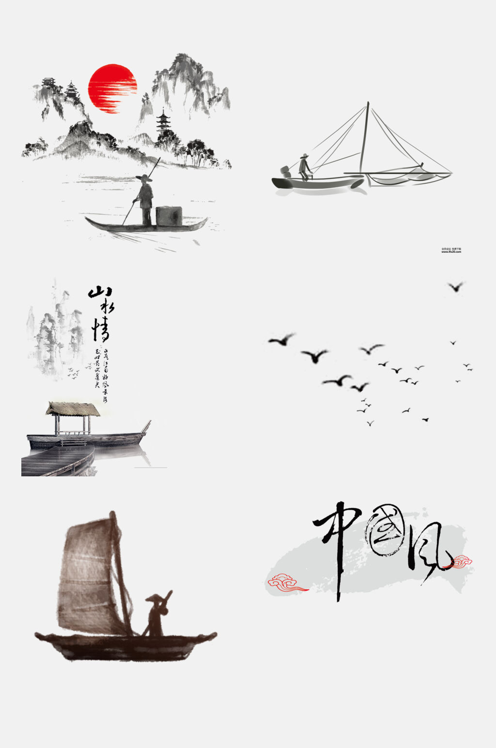 时尚唯美水墨山水船手绘免抠素材元素素材