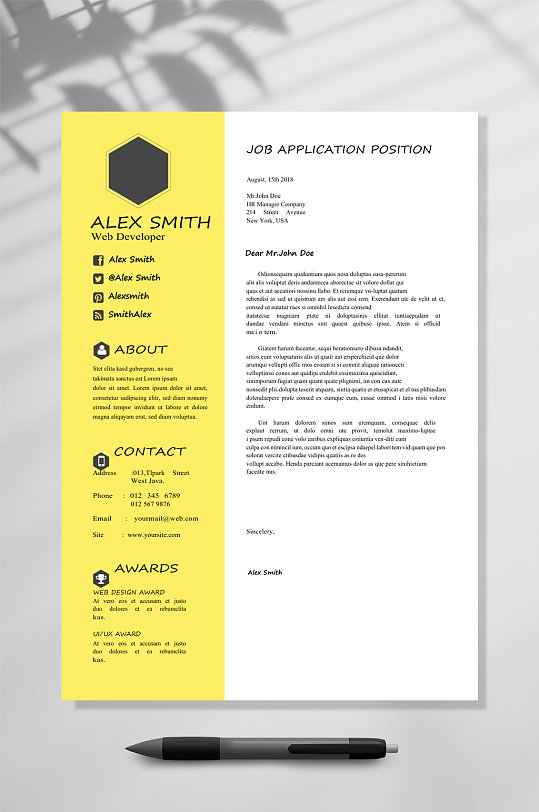 黄白拼接国外英文简历WORD模板-众图网