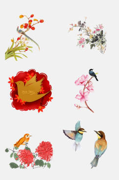 时尚花鸟动植物手绘免抠素材