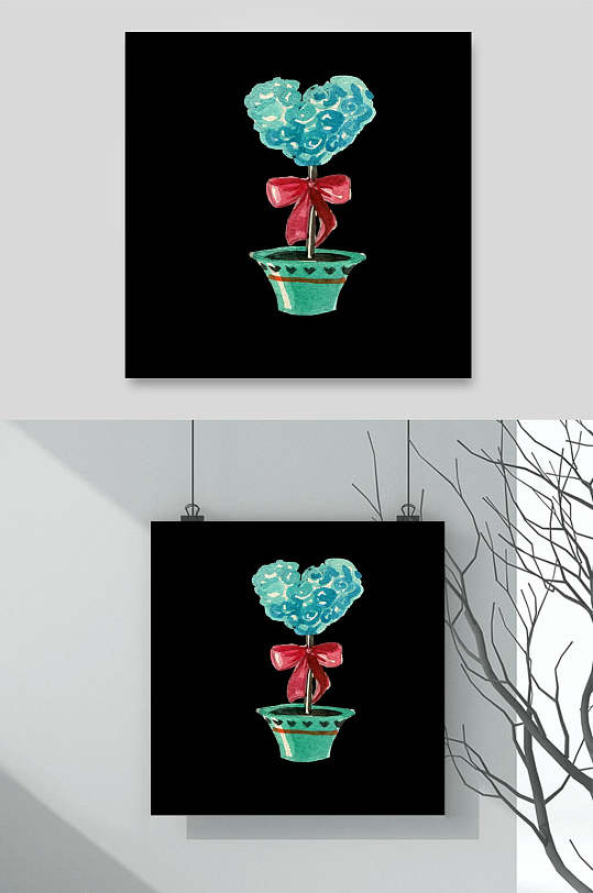 极简爱心蝴蝶结盆栽手绘矢量素材