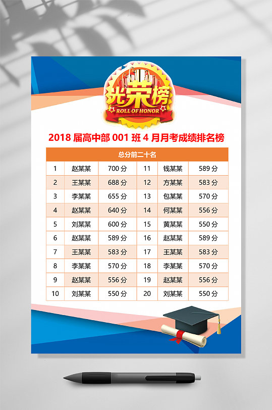 光荣榜考试排名喜报word