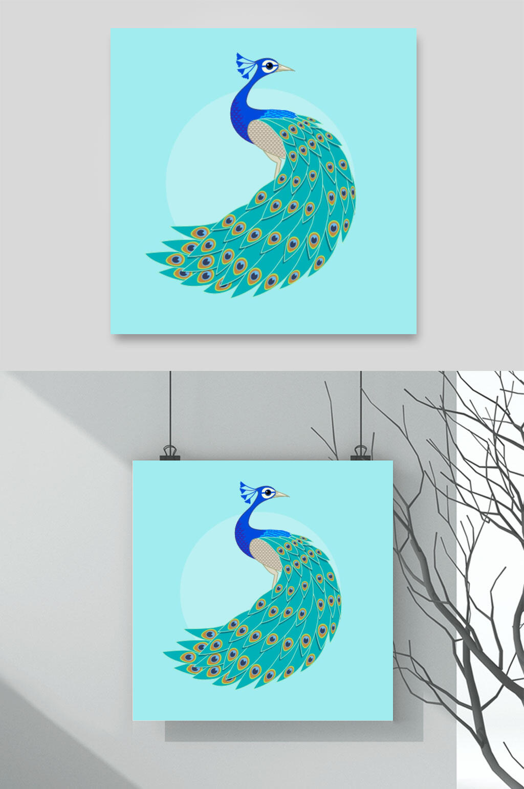 蓝色孔雀插画矢量素材素材