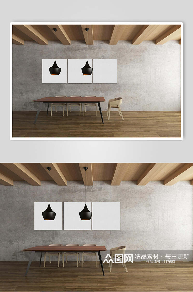 木地板吊灯挂画板凳室内艺术墙样机素材
