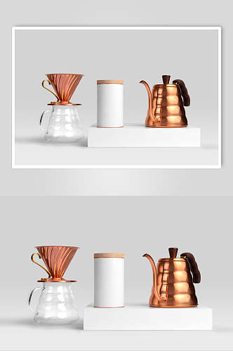 茶壶圆形立体茶杯棕色咖啡包装样机