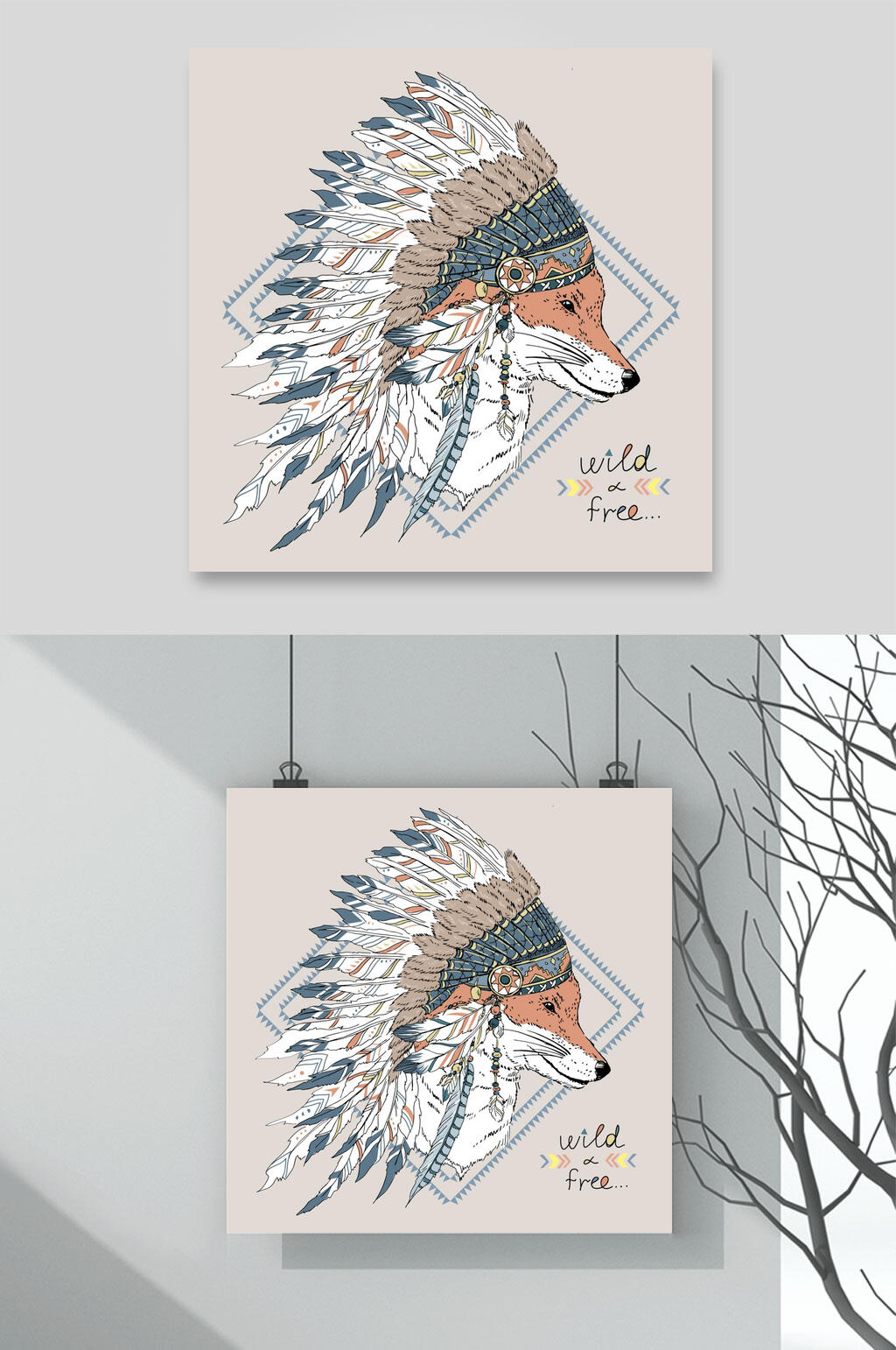 唯美大气羽毛狐狸插画矢量素材素材