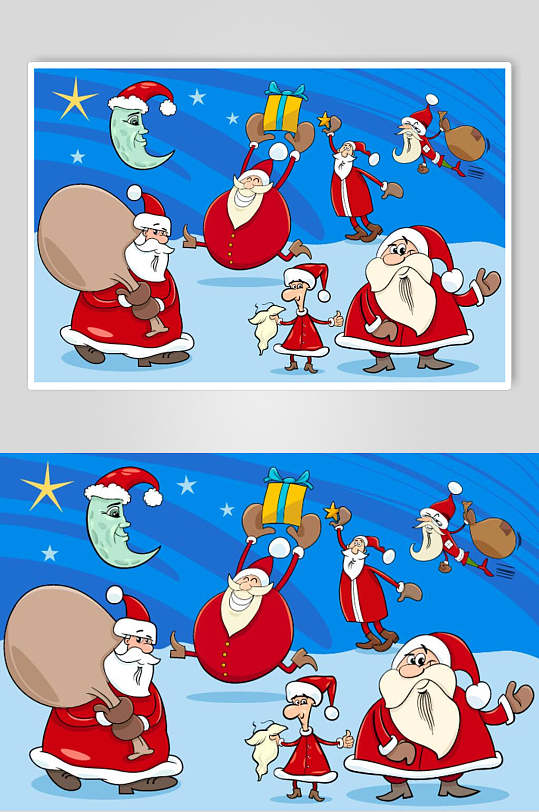 蓝色卡通六个圣诞老人插画矢量素材
