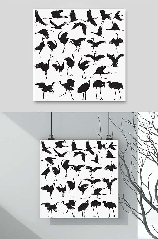 黑白大气高端简约仙鹤插画图案素材